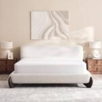 “Lorein King Size Upholstered Bed 180x200 cm in Beige Fabric with Wooden Frame”