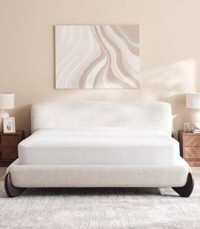 “Lorein King Size Upholstered Bed 180x200 cm in Beige Fabric with Wooden Frame”