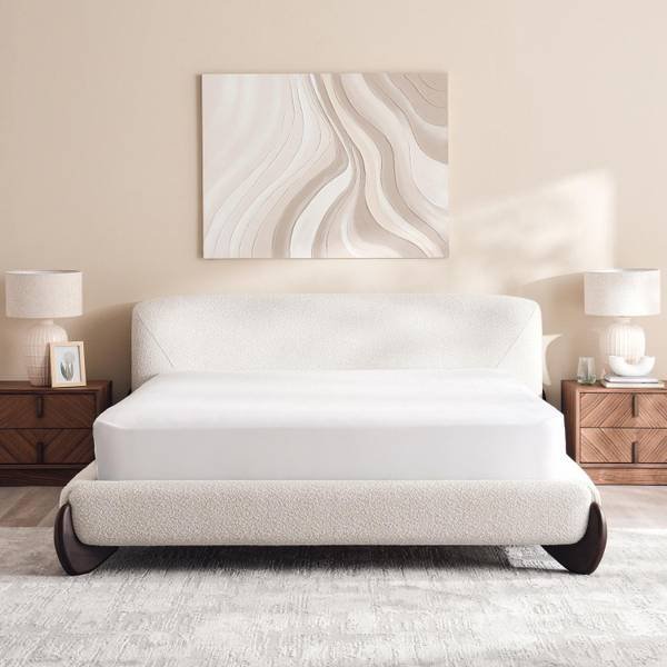 “Lorein King Size Upholstered Bed 180x200 cm in Beige Fabric with Wooden Frame”